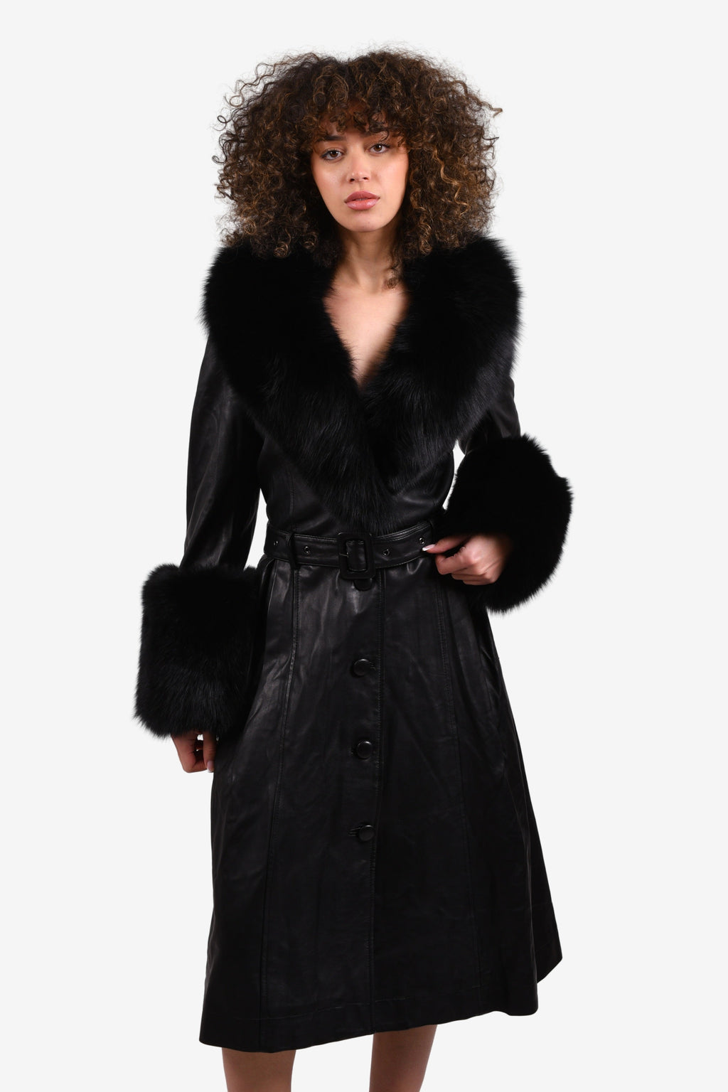 Saks Potts Black Leather/Fur Trimmed Belted Trench Size 2