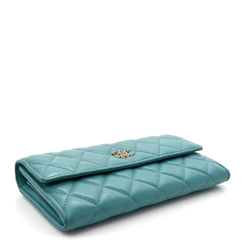 Lambskin Gripoix Quilted Gusset Flap Wallet Turquoise