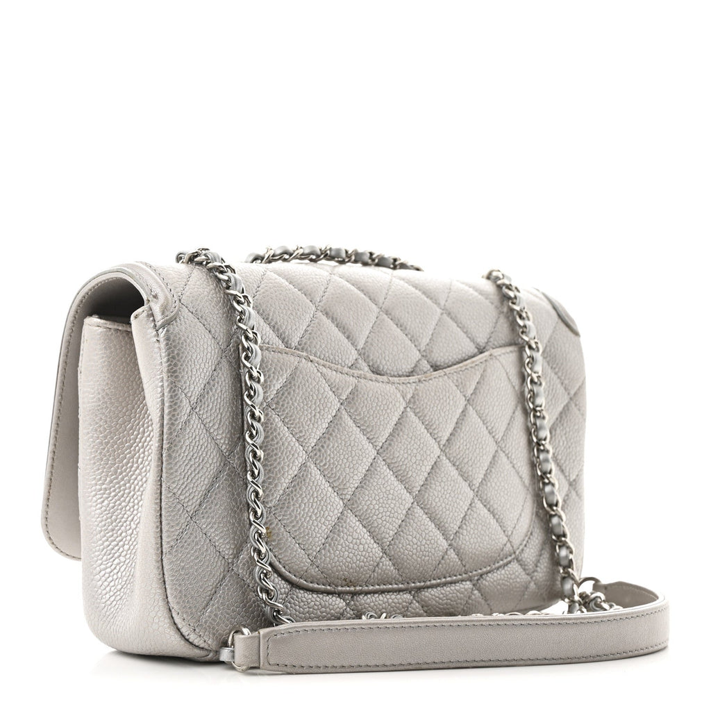 Metallic Caviar Quilted Small CC Filigree Flap Silver