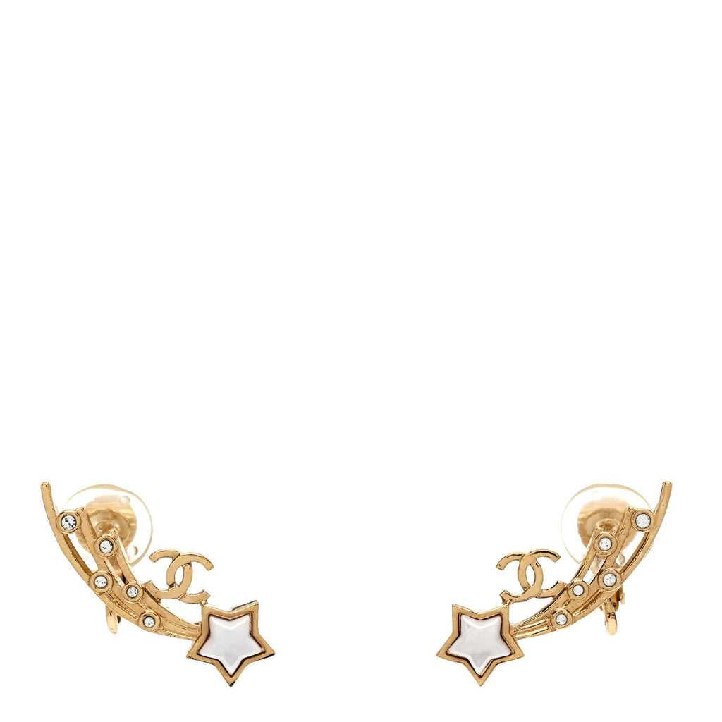 Metal Crystal Pearl CC Star Fall Earrings Gold Pearly White