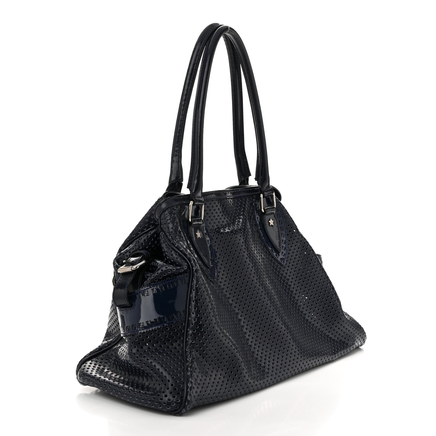Patent Perforated Calfskin Bag De Jour Perforated Tote Navy