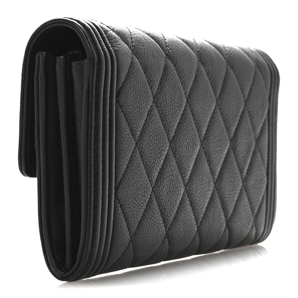 Calfskin Quilted Large Boy Gusset Flap Wallet Black