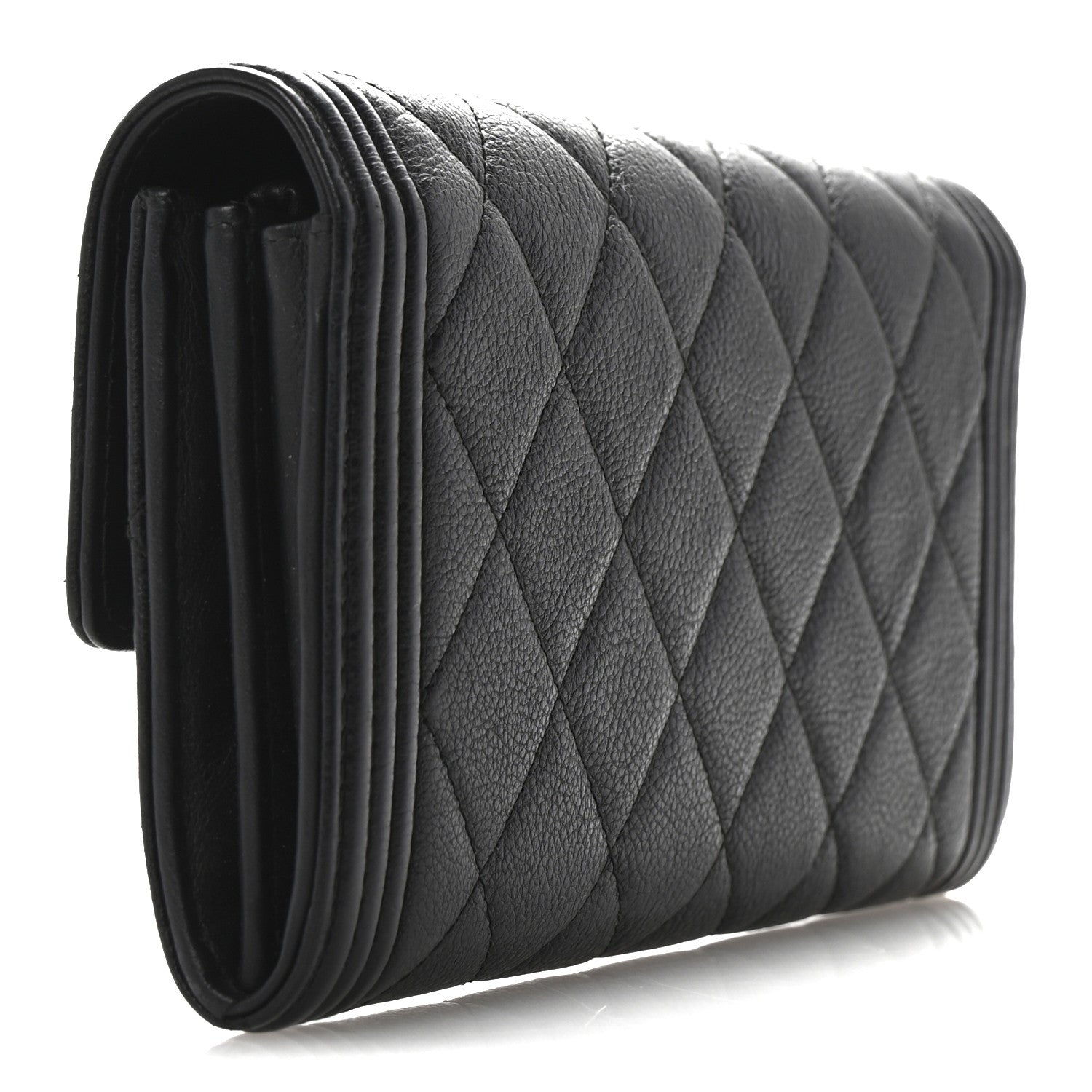 Calfskin Quilted Large Boy Gusset Flap Wallet Black