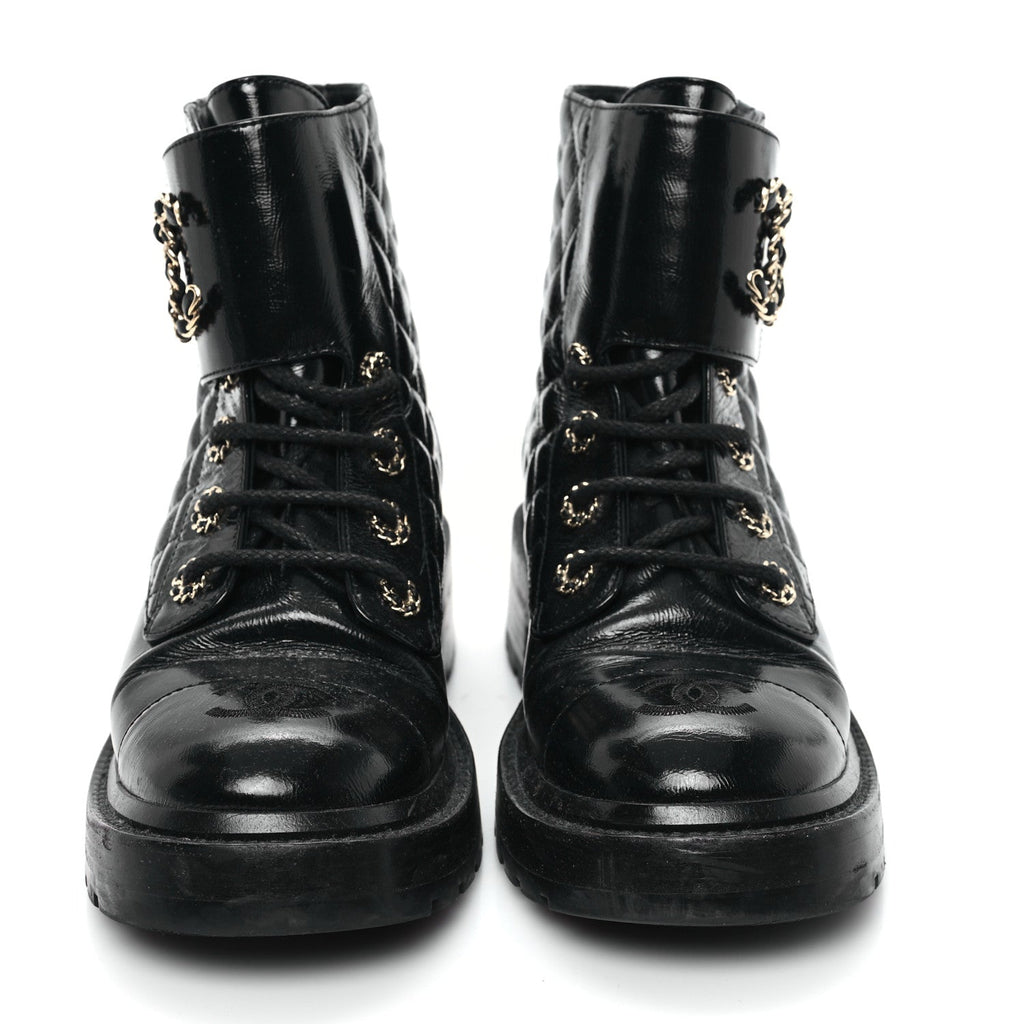 Shiny Goatskin Calfskin Quilted Lace Up Combat Boots 37 Black