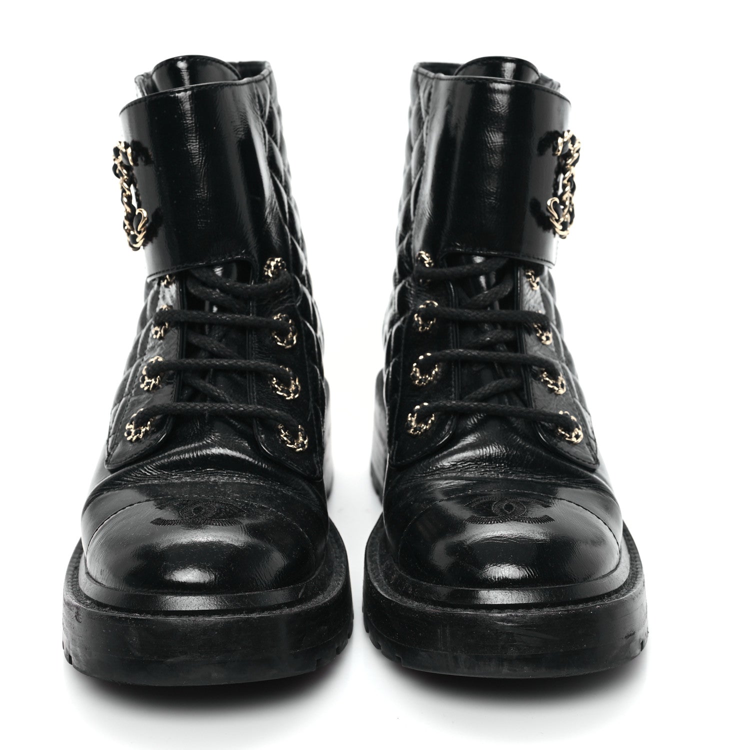 Shiny Goatskin Calfskin Quilted Lace Up Combat Boots 37 Black