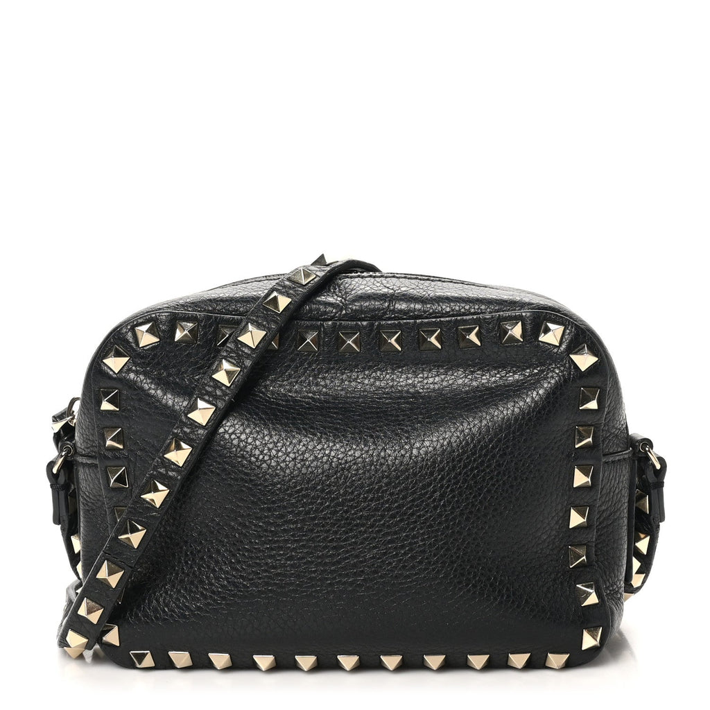 Pebbled Calfskin Rockstud Camera Crossbody Bag Black