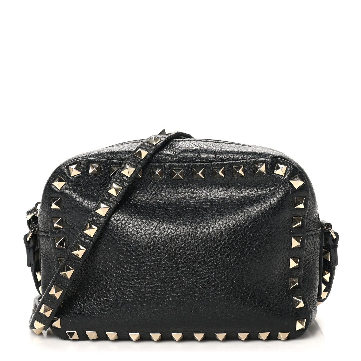 Pebbled Calfskin Rockstud Camera Crossbody Bag Black