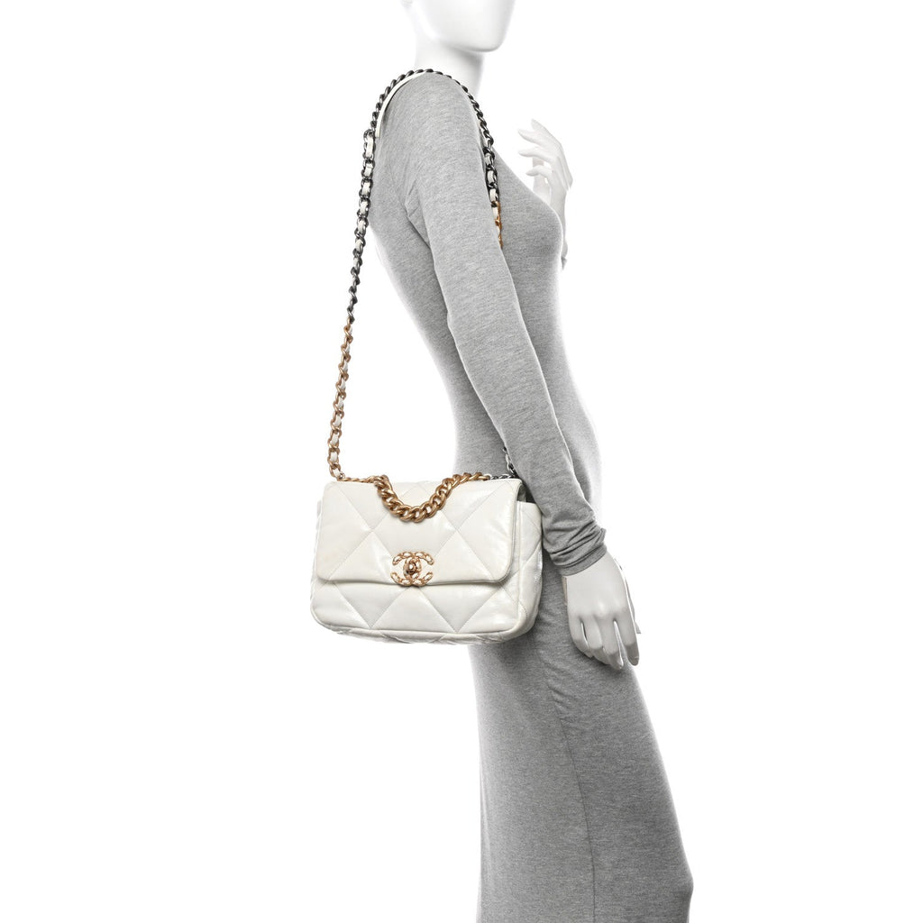 Shiny Crumpled Calfskin Quilted Medium Chanel 19 Flap White