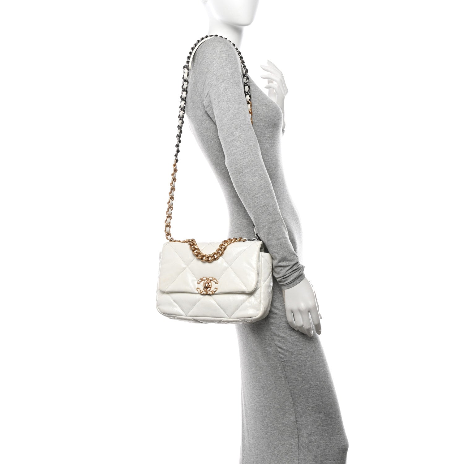 Shiny Crumpled Calfskin Quilted Medium Chanel 19 Flap White