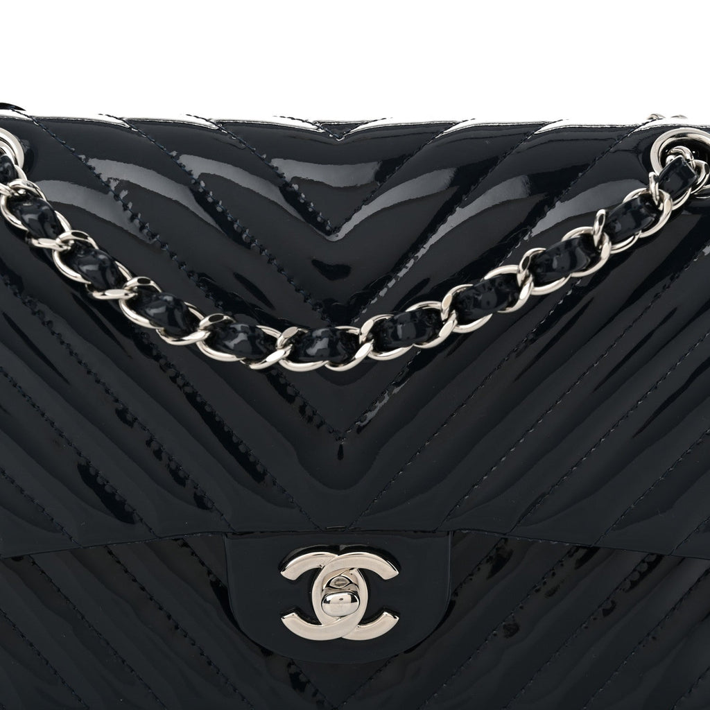Patent Chevron Quilted Medium Double Flap Navy