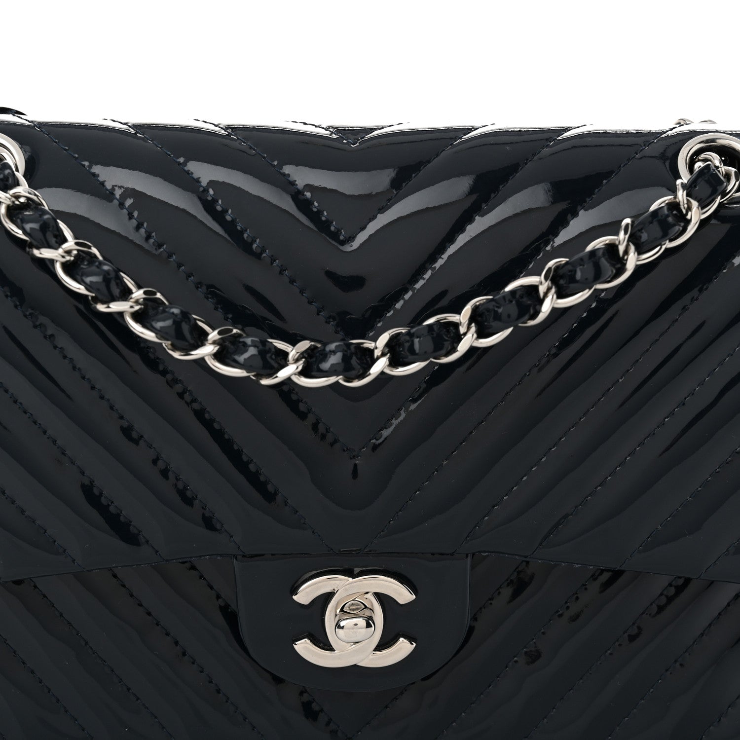 Patent Chevron Quilted Medium Double Flap Navy