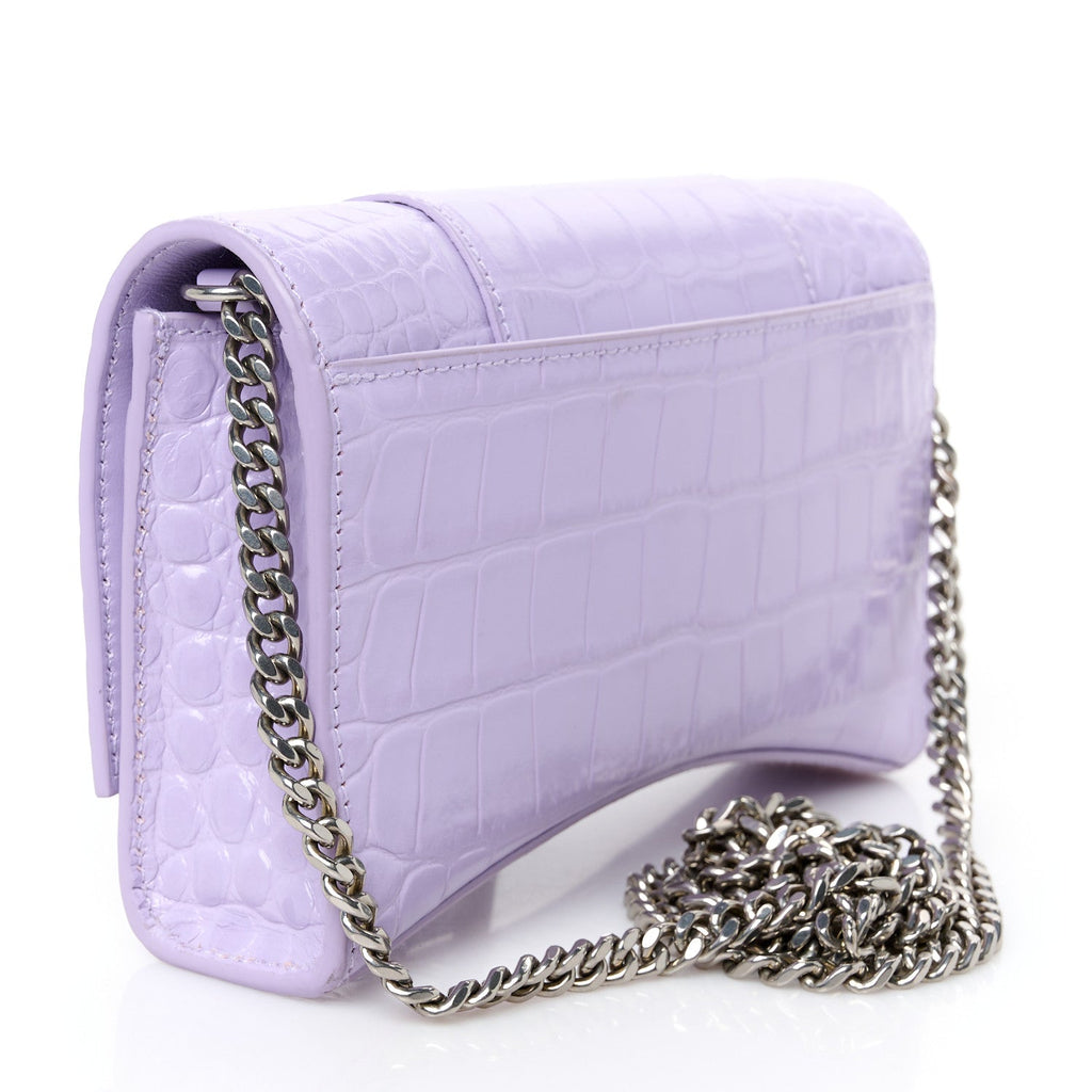 Shiny Calfskin Crocodile Embossed Hourglass Chain Bag Lilac
