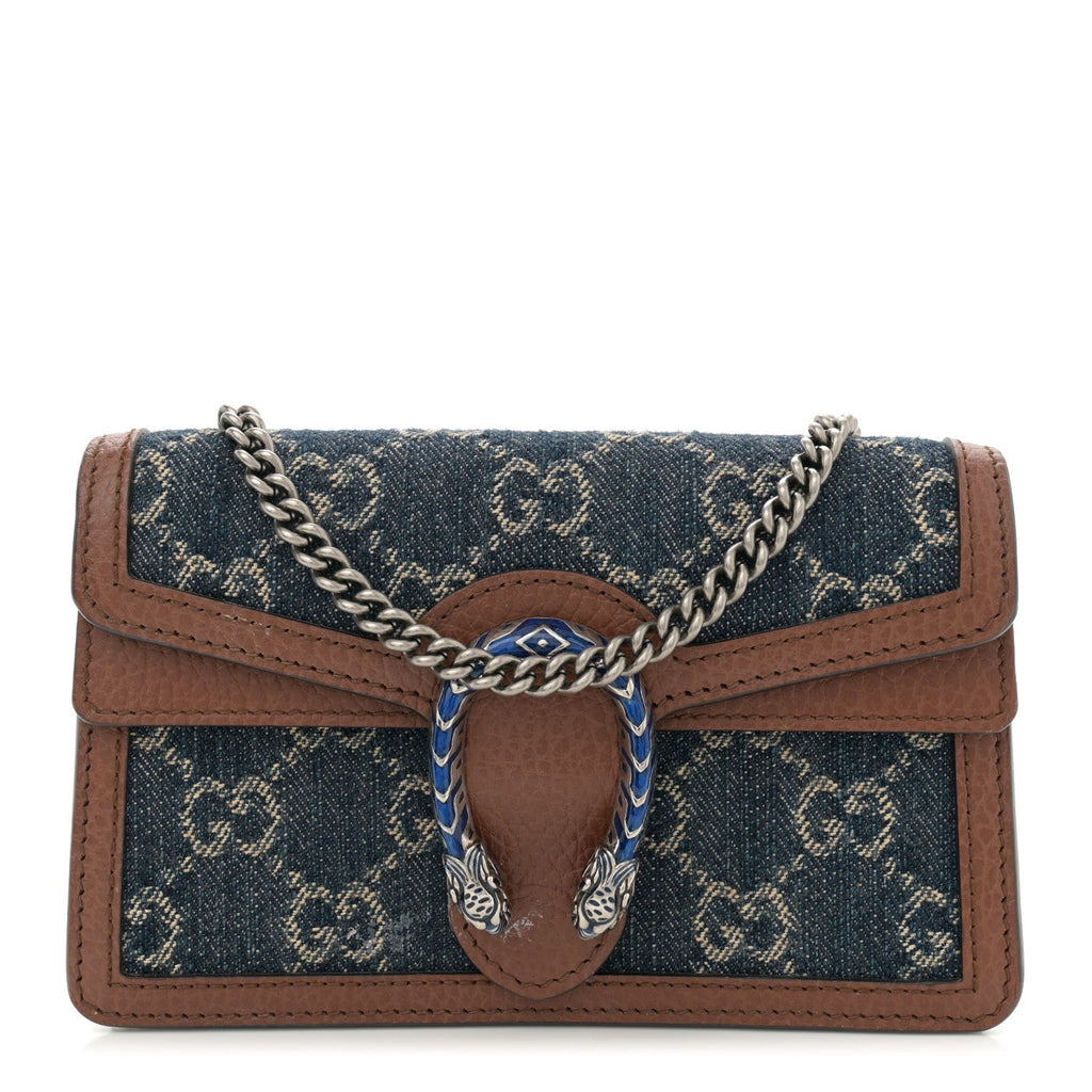New Denim GG Monogram Dollar Calfskin Enamel Super Mini Dionysus Shoulder Bag Blue Tea Cuir Epilog Electric Blue