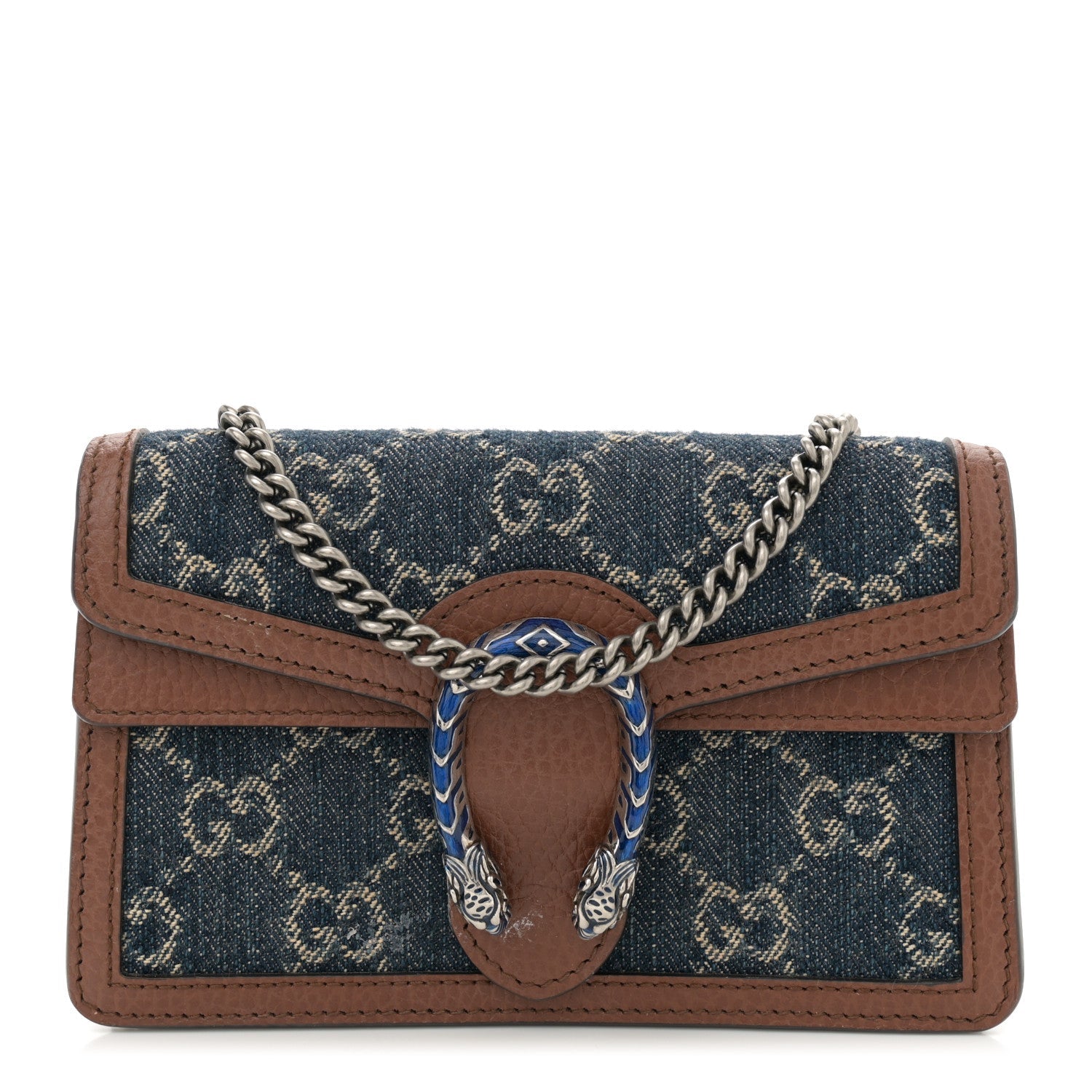New Denim GG Monogram Dollar Calfskin Enamel Super Mini Dionysus Shoulder Bag Blue Tea Cuir Epilog Electric Blue