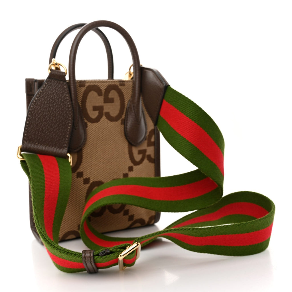 Monogram Jumbo GG Textured Dollar Calfskin Web Mini Vertical Tote Camel Ebony New Acero