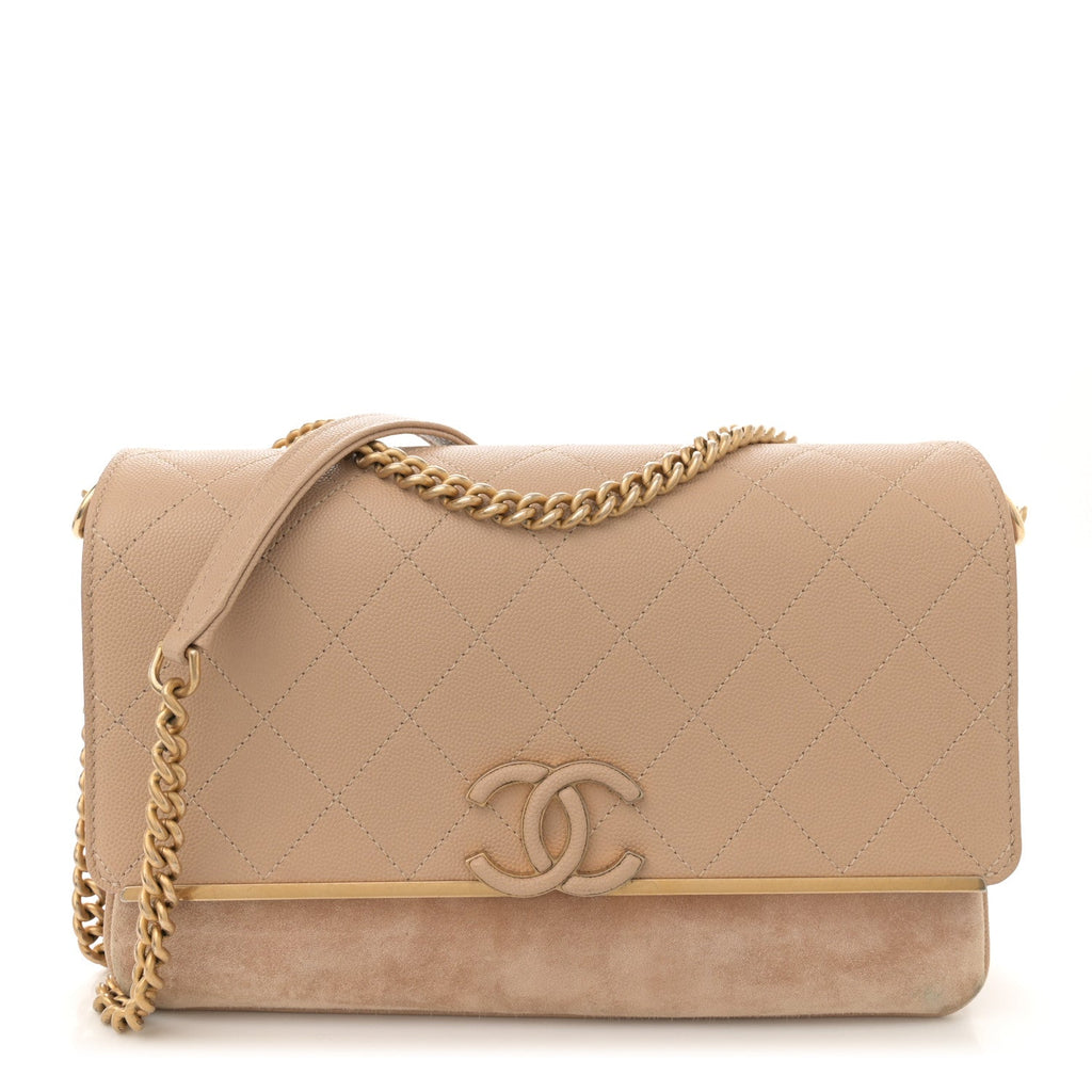 Grained Calfskin Stitched Enamel CC Flap Bag Beige