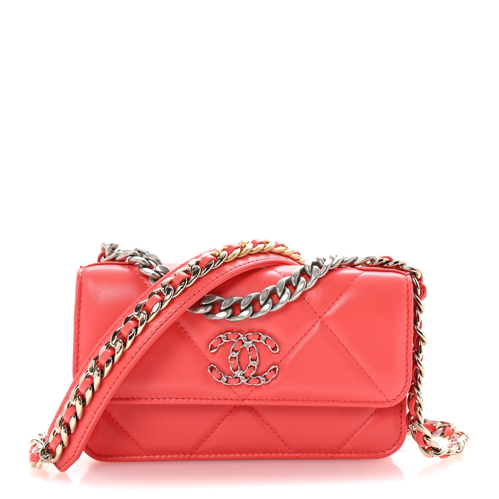 Lambskin Quilted Chanel 19 Flap Phone Holder With Chain Coral