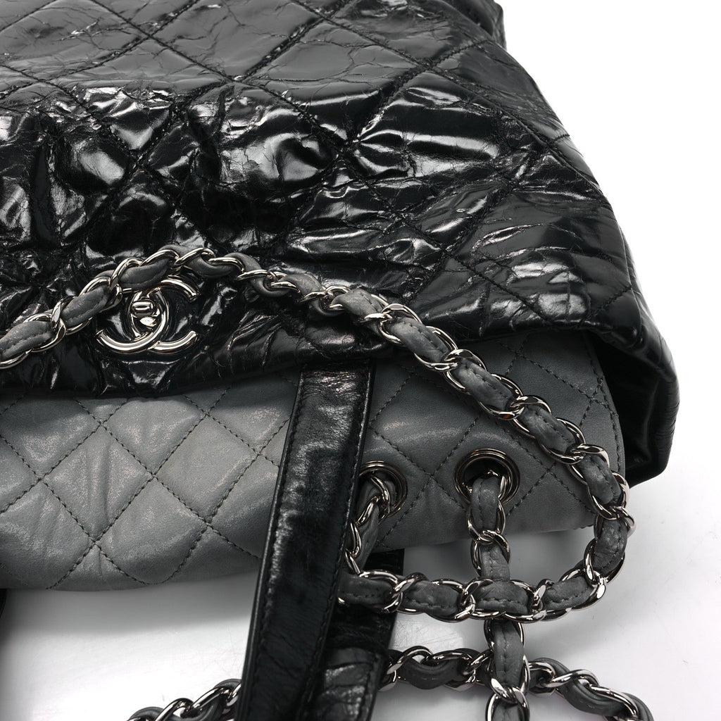 Glazed Calfskin Lambskin Quilted Portobello Tote Black Grey