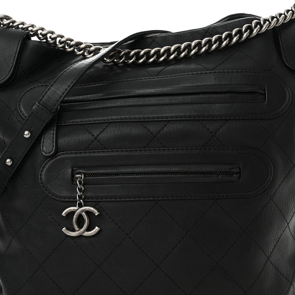Calfskin Stitched Double Zip Hobo Black