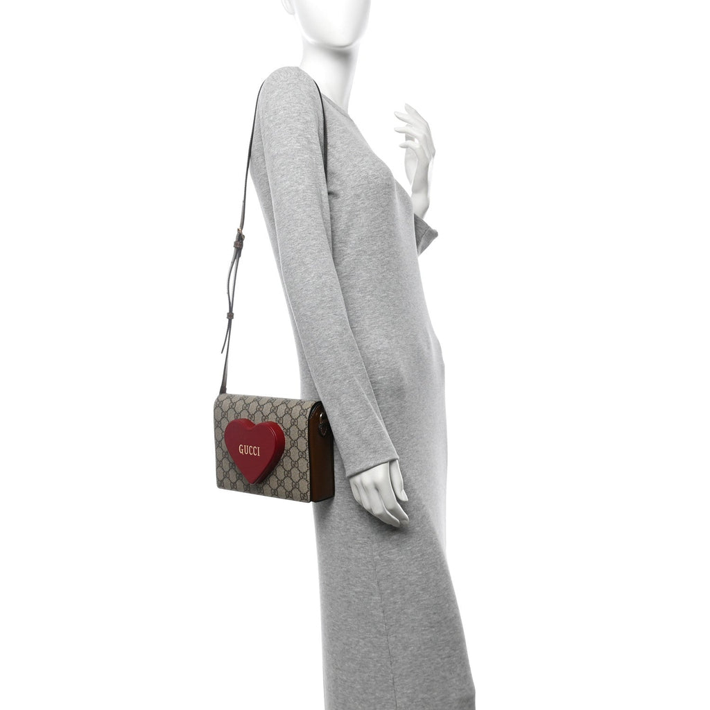 GG Supreme Monogram Script Logo Heart Crossbody Bag Beige Brown