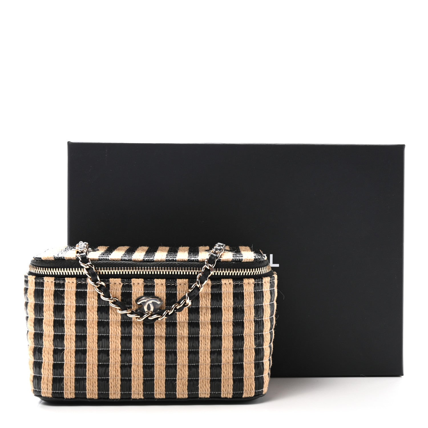 Raffia Jute Striped Small Vanity Case With Chain Black Beige