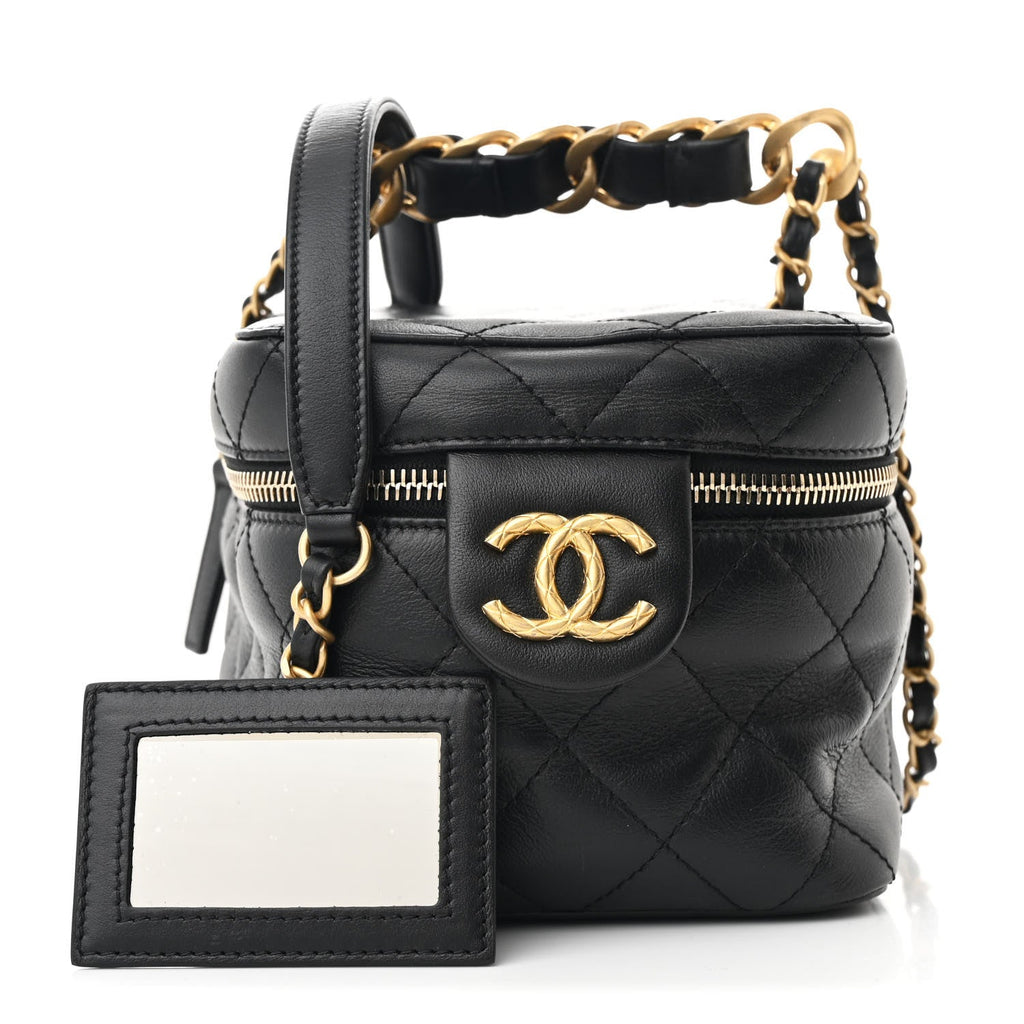 Calfskin Quilted Small Vanity Case With Chain Black