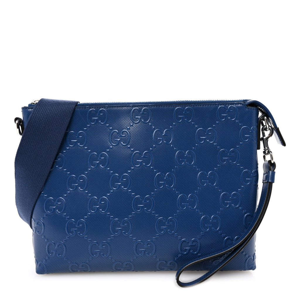 Calfskin GG Tennis Embossed Medium Wristlet Messenger Bag Intense Metal Blue