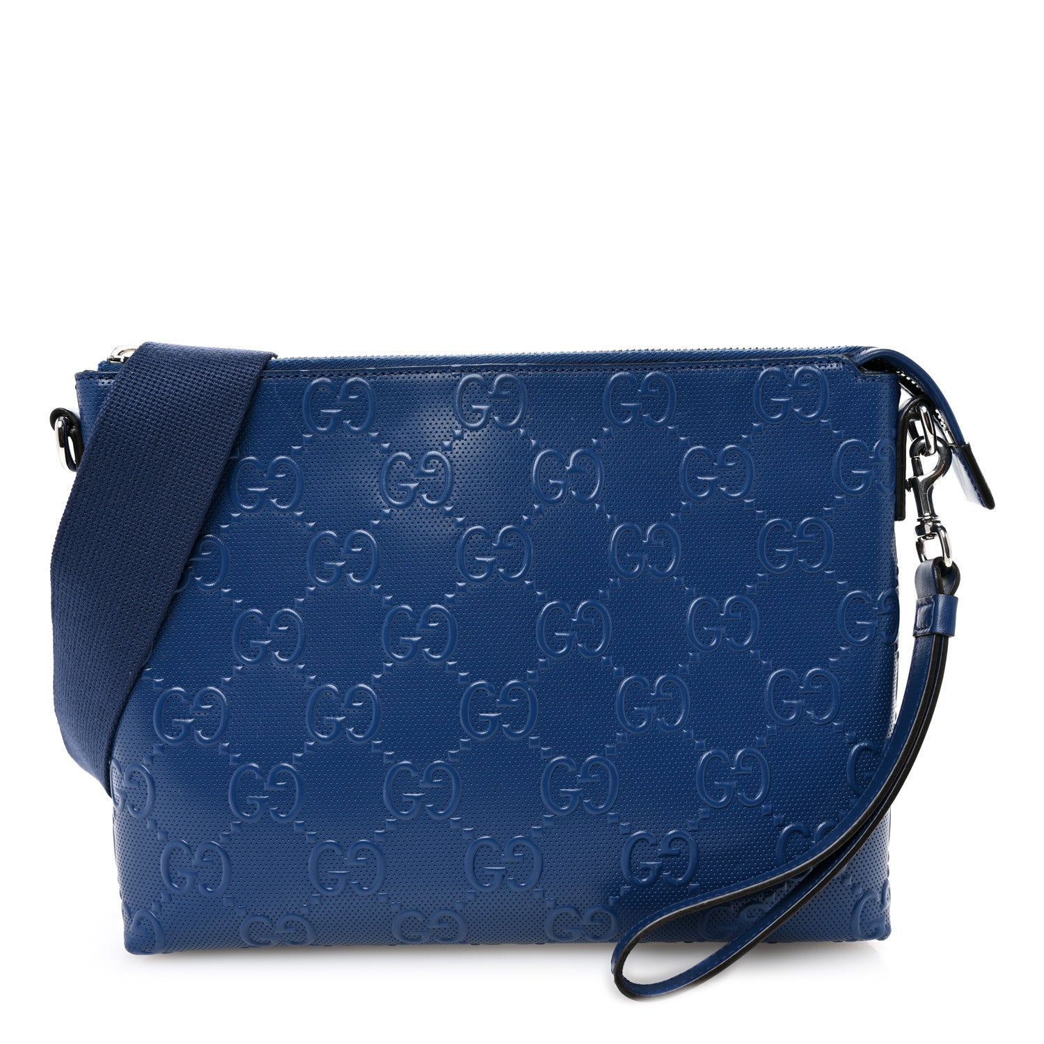 Calfskin GG Tennis Embossed Medium Wristlet Messenger Bag Intense Metal Blue