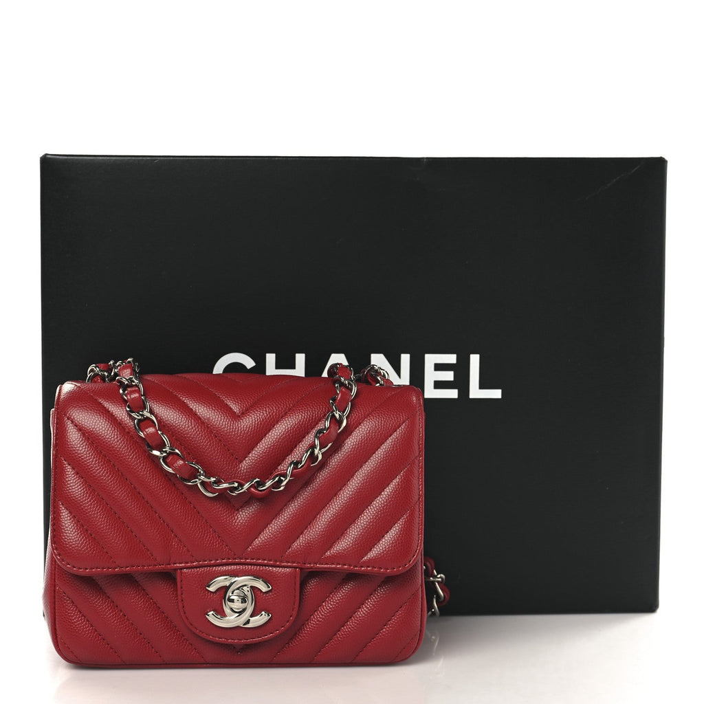 Caviar Chevron Quilted Mini Square Flap Red