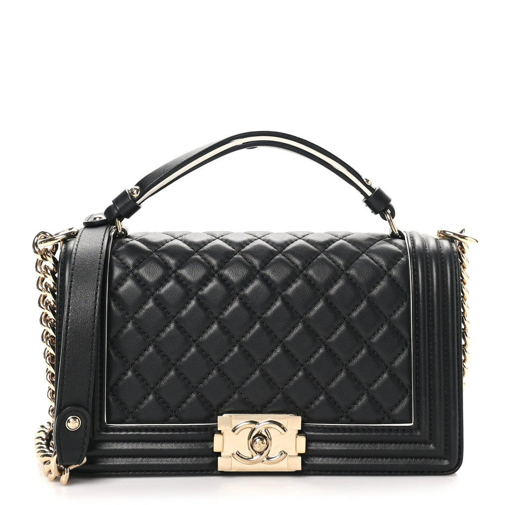 Calfskin Quilted Medium Boy Top Handle Flap Black