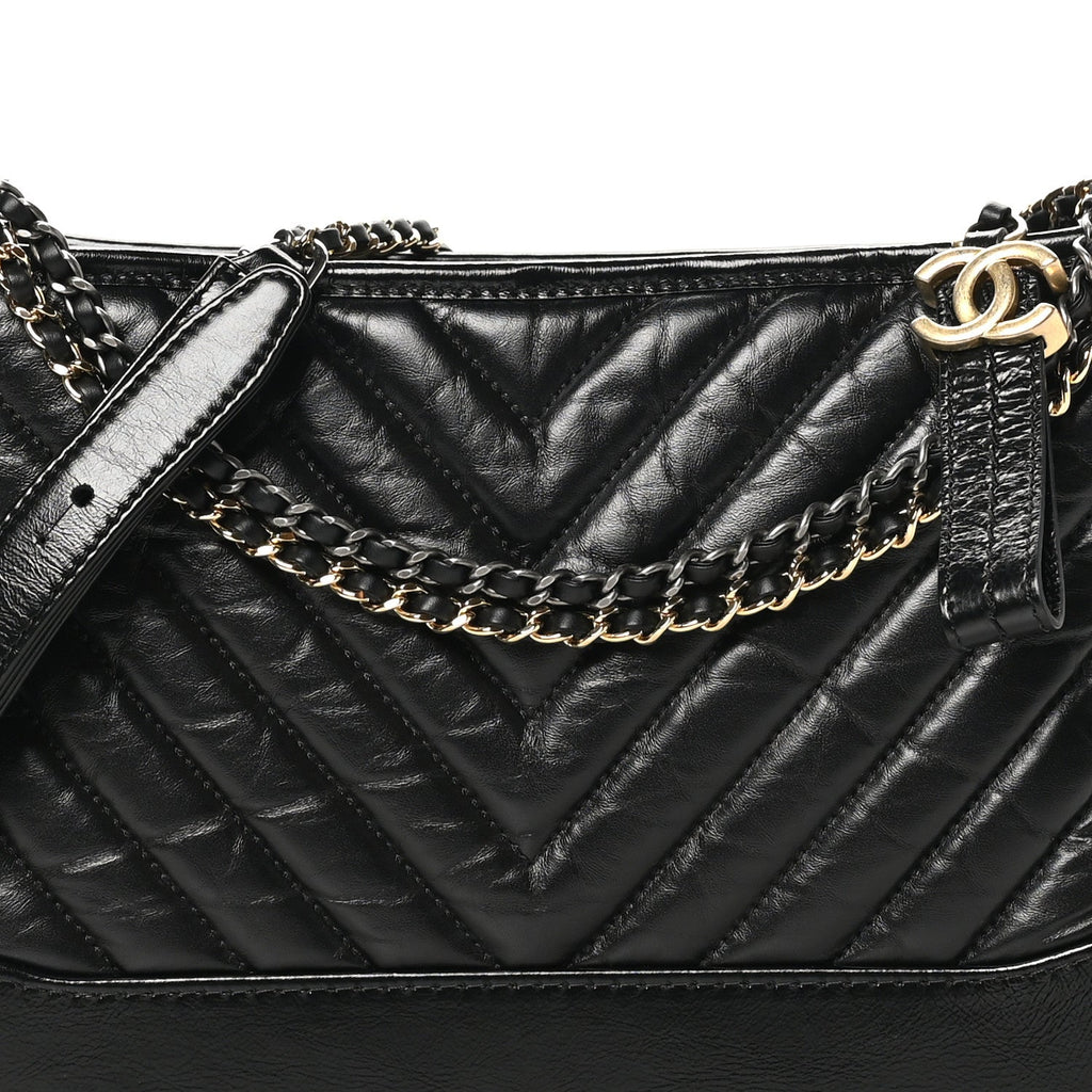 Aged Calfskin Chevron Quilted Medium Gabrielle Hobo Black