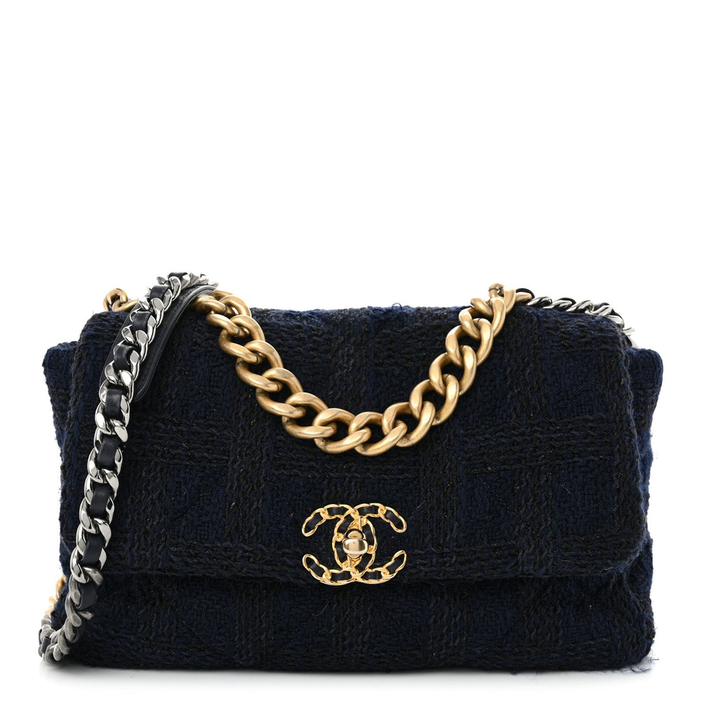 Tweed Quilted Large Chanel 19 Flap Navy Blue