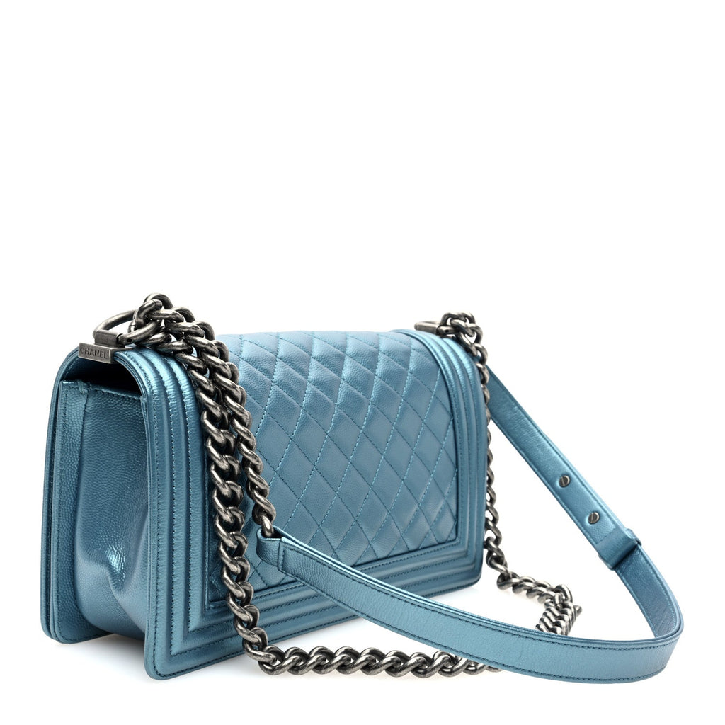 Metallic Caviar Quilted Medium Boy Flap Turquoise