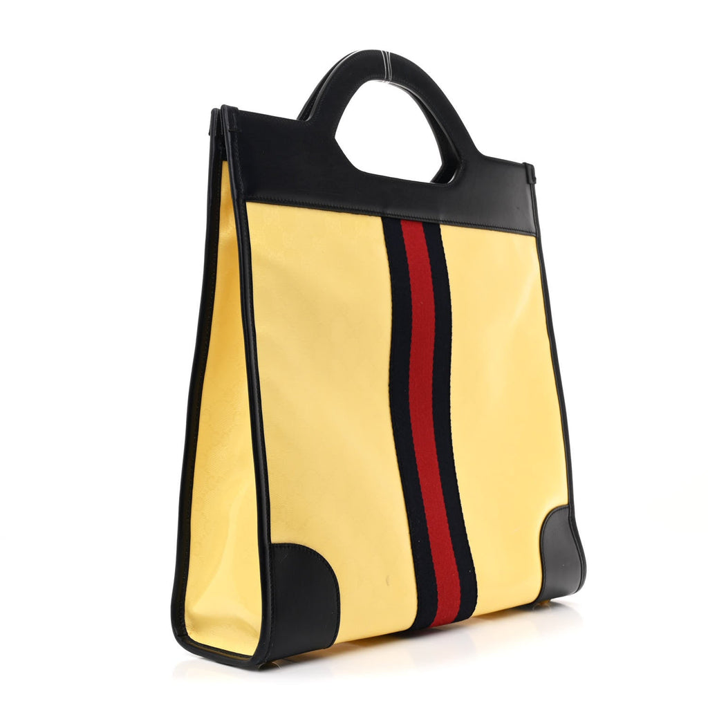 GG Supreme Monogram Textured Calfskin Web Medium Ophidia Slip Handle Tote Yellow