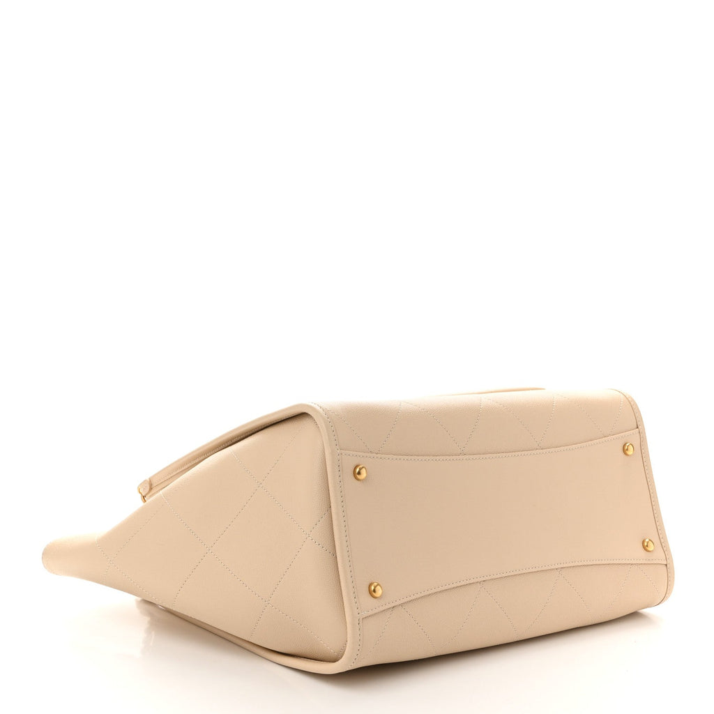 Caviar Stitched Pocket CC Large Tote Light Beige