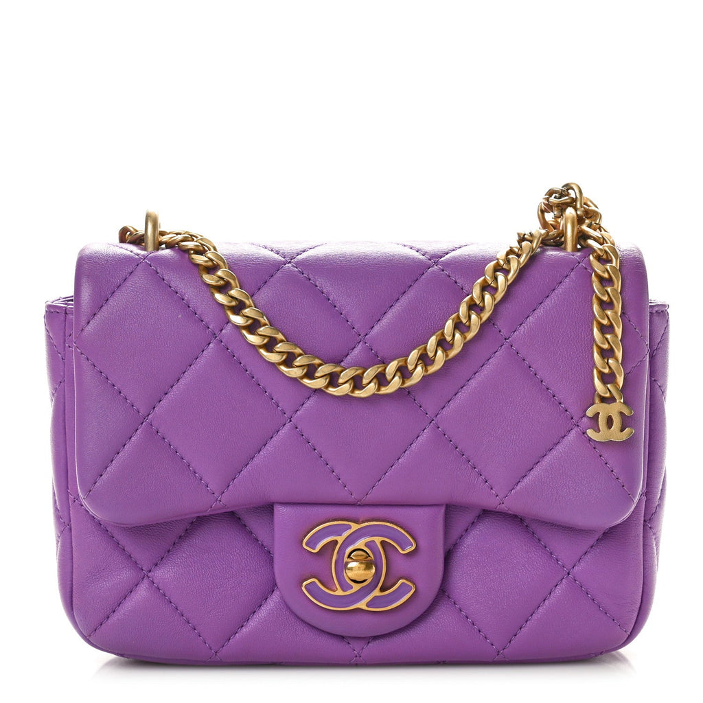 Lambskin Enamel Quilted Mini Pending CC Square Flap Purple