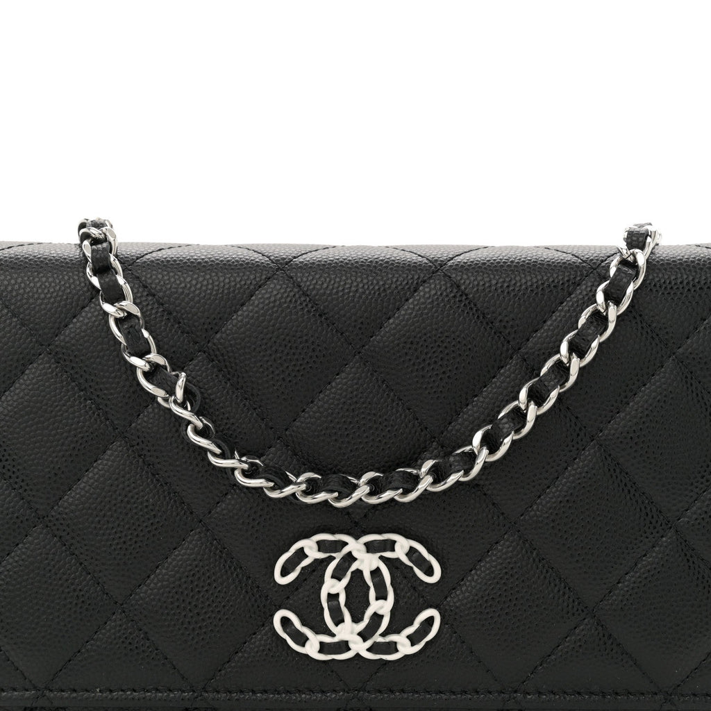 Caviar Quilted Chanel 19 Wallet On Chain WOC Black White
