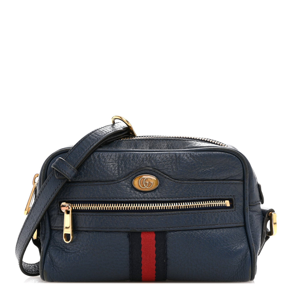 Textured Calfskin Web Mini Ophidia Shoulder Bag Blue Agata