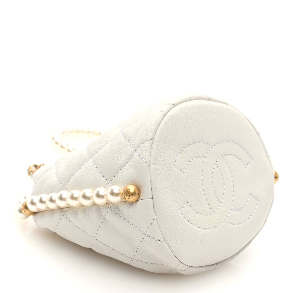 Calfskin Quilted Pearl Mini About Pearls Drawstring Bucket Bag White