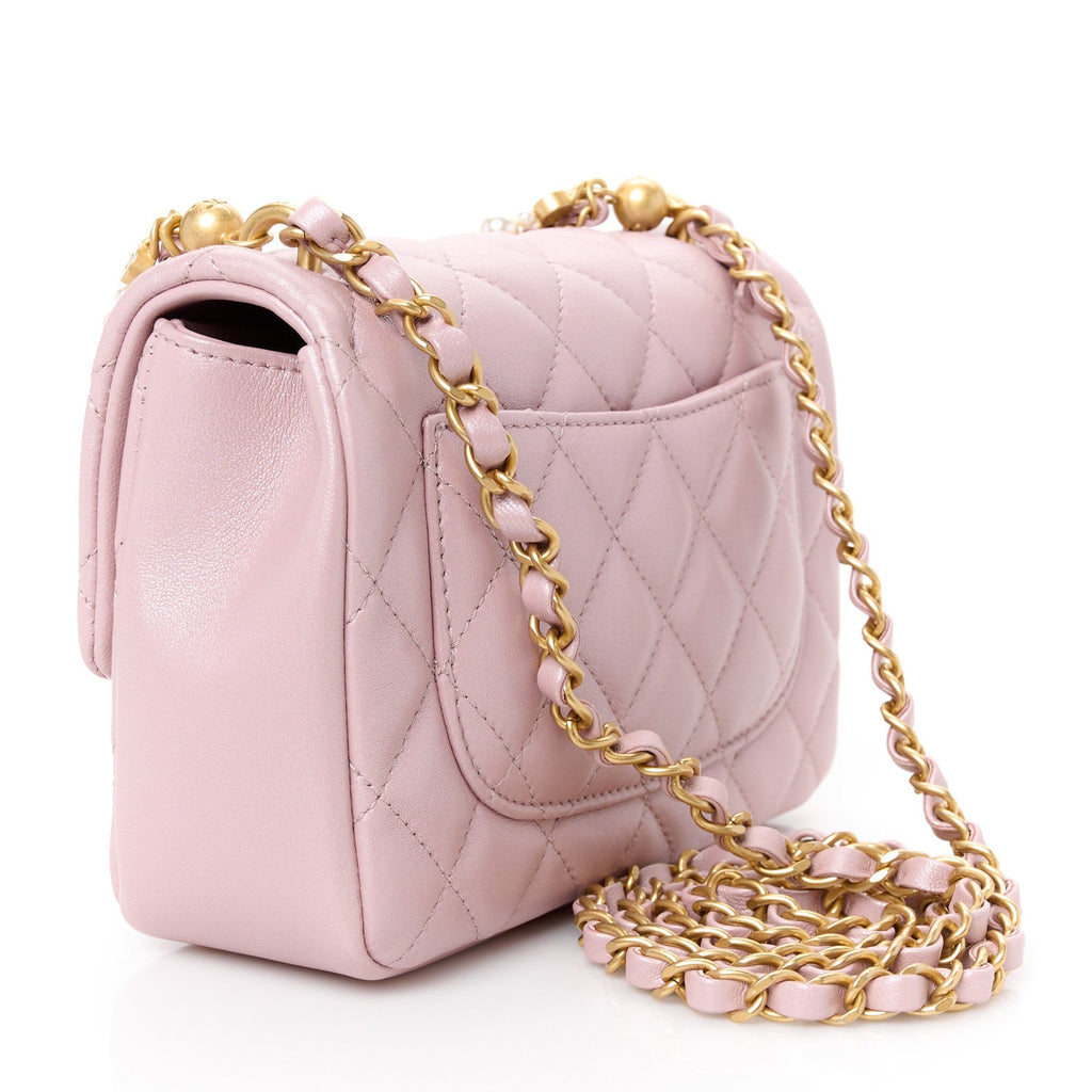 Shiny Lambskin Quilted Pearl Twist Mini Square Flap Light Pink