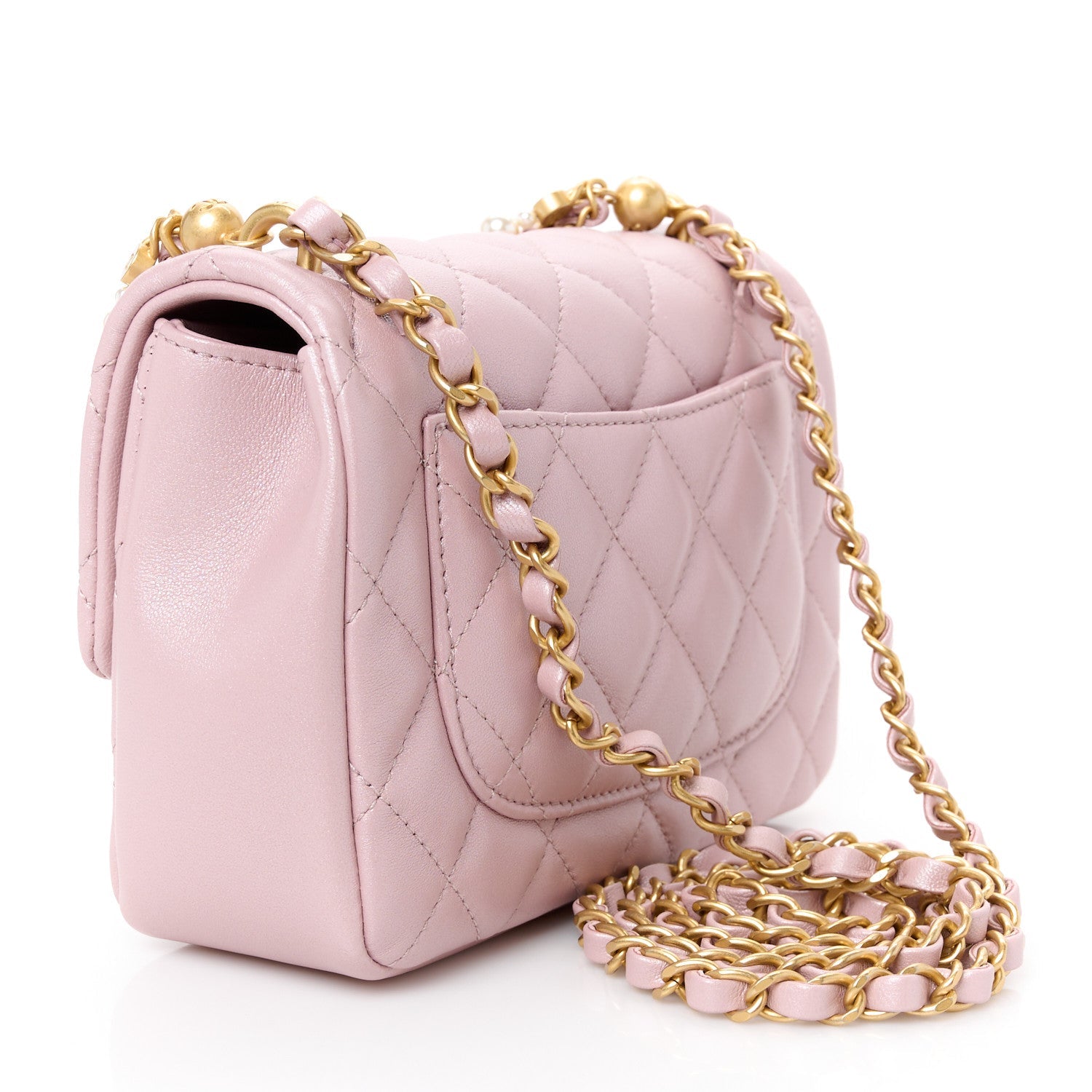 Shiny Lambskin Quilted Pearl Twist Mini Square Flap Light Pink
