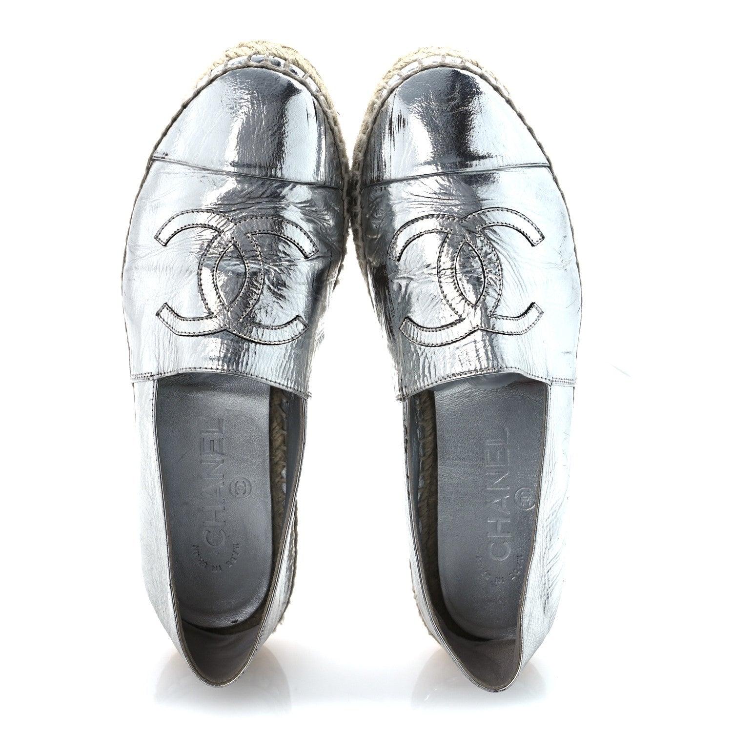 Laminated Goatskin CC Espadrilles 38 Silver