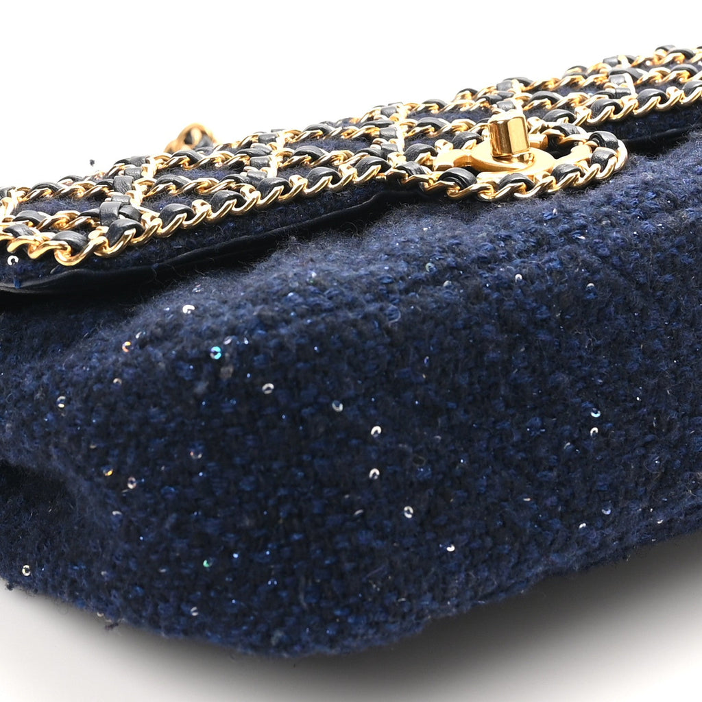 Tweed Sequin Timeless Classic Chained Double Flap Navy Blue