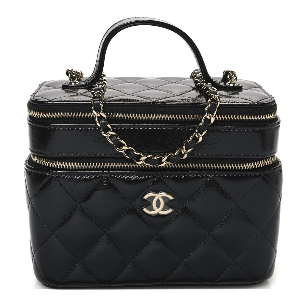 Shiny Lambskin Quilted Top Handle Vanity Case With Chain Black
