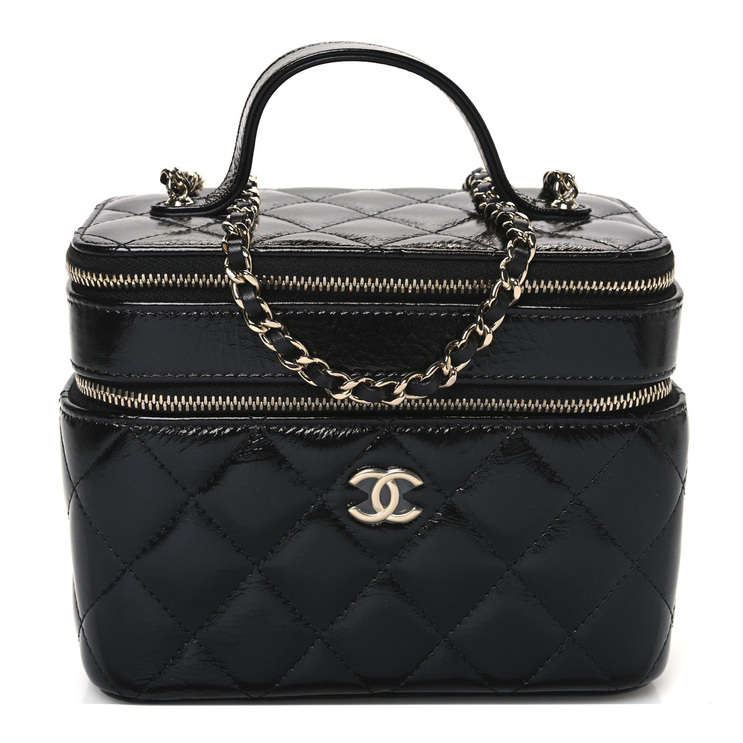 Shiny Lambskin Quilted Top Handle Vanity Case With Chain Black