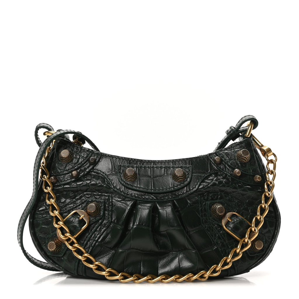 Extra Supple Calfskin Crocodile Embossed Mini Le Cagole Purse With Chain Forest Green