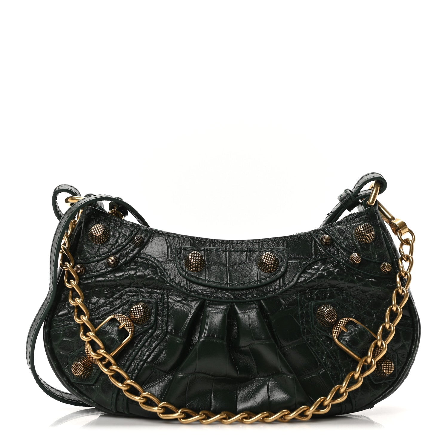 Extra Supple Calfskin Crocodile Embossed Mini Le Cagole Purse With Chain Forest Green