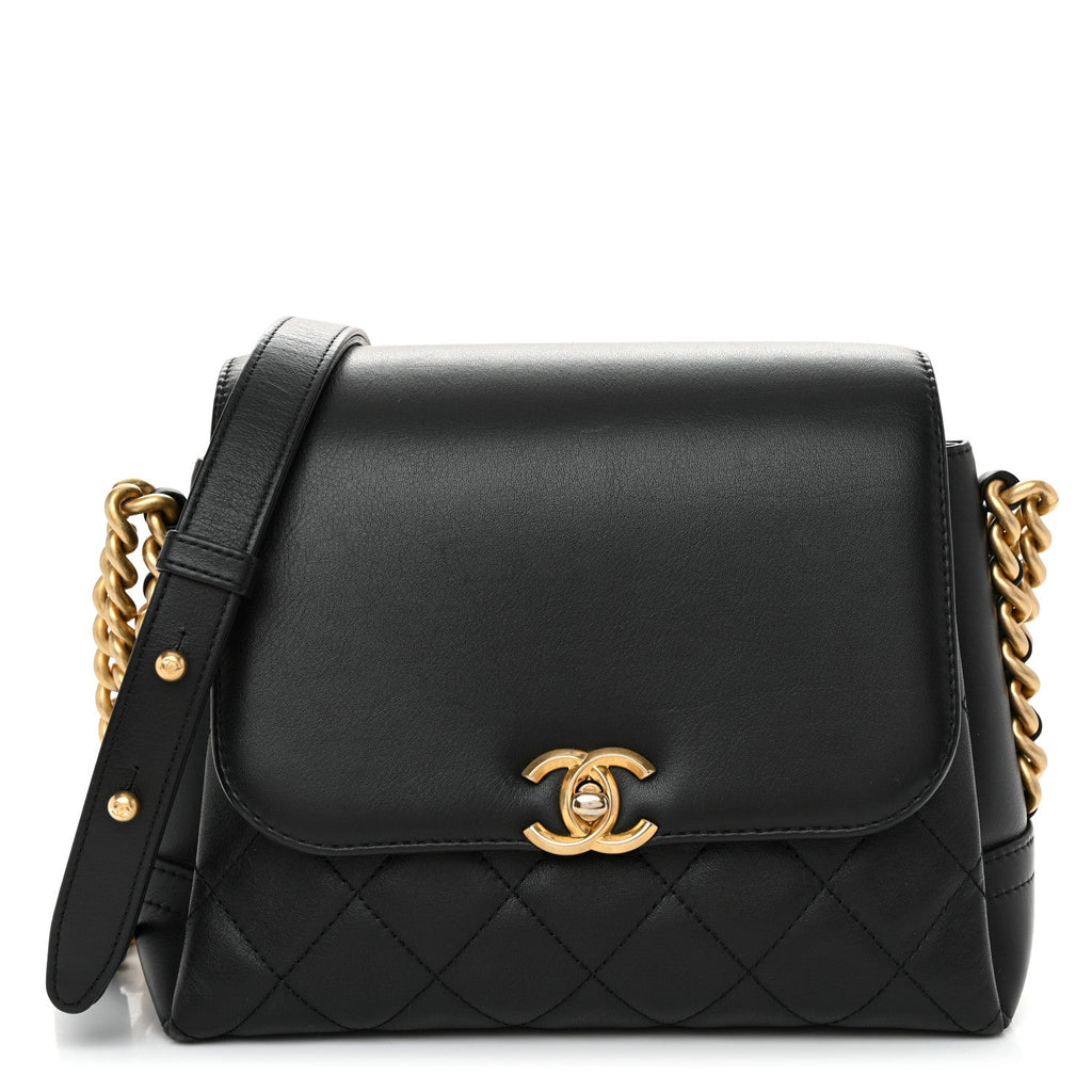 Calfskin Quilted Side Chain Compartment Flap Black