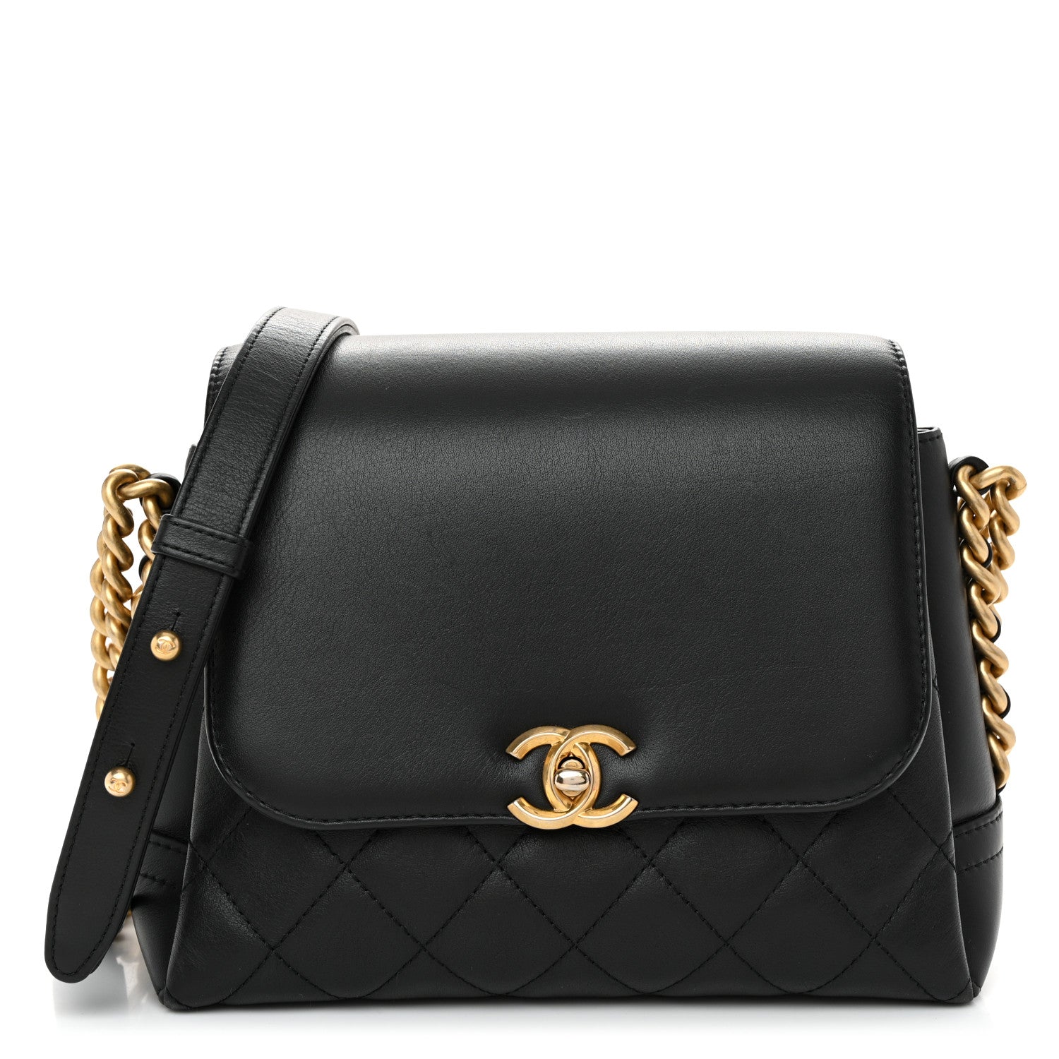 Calfskin Quilted Side Chain Compartment Flap Black