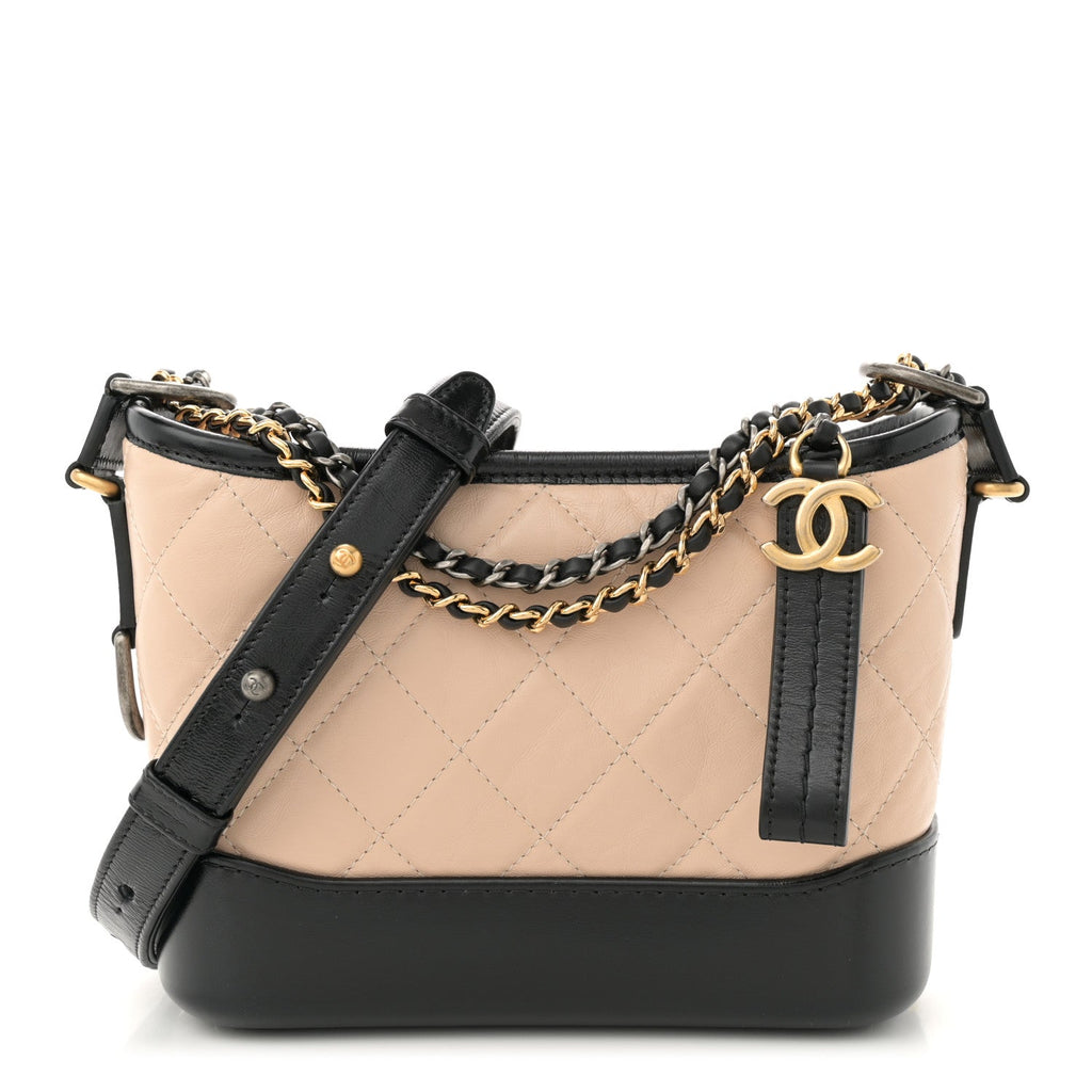 Aged Calfskin Quilted Small Gabrielle Hobo Beige Black